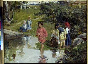 Enfants pêchant par Pryanishnikov, Illarion Mikhaïlovitch (1840-1894)