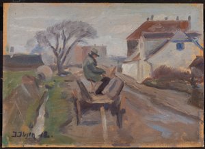 Le peintre Ølund Hansen assis dans une charrette peignant - Immanuel Ibsen