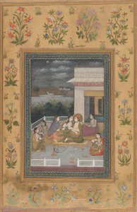 Un couple sur une terrasse entouré de serviteurs et de musiciens - Indian 18th Century