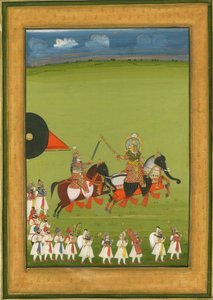 Rajah et son fils sur des chevaux déguisés en éléphants, et suite d