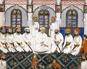 Un raja de Jaipur habillé pour le culte au durbar - Indian School