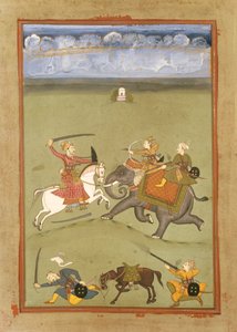 Un prince combattant ses ennemis sur un éléphant, vers 1710 - Indian School