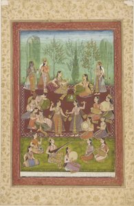 Un groupe de femmes dans un jardin, se divertissant avec de la musique et de la danse - Indian School
