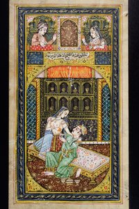 Un homme courtise une femme dans un cadre luxueux, peinture miniature rajasthani - Indian School