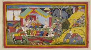 Bharata et ses partisans ont atteint la capitale du royaume de Nishada. Dans leur campement sur les rives du Gange, Bharata, son frère et ses ministres sont assis en durbar devant leur tente. Le roi Nishada Guha arrive - Indian School