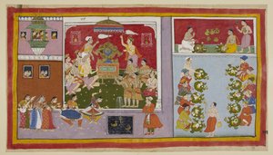 Grâce à ses pouvoirs magiques, Bharadvaja a conjuré un palais dans un jardin de plaisance pour le divertissement et le rafraîchissement de ses invités. Bharadvaja et les autres ascètes et brahmanes sont assis dans la salle du trône, tandis que les deux pri - Indian School