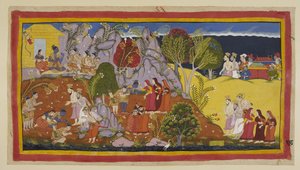 Les Brahmanes et les reines dans leurs litières approchent. Kausalya montre l