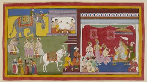 Dasaratha, trônant en durbar, dit aux brahmanes Vasistha et Vamadeva et à son ministre Sumantra son intention de céder son trône à Rama comme régent; à gauche, ces trois convoquent Rama et Laksmana. Au-dessus, quatre brahmanes commencent. - Indian School