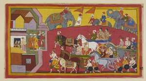 Les chars de Vasistha et des princes, accompagnés de divers ministres et personnes, entrent dans la ville de Nandigrama - Indian School