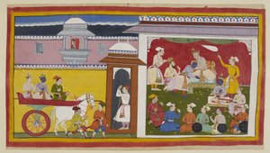Sumantra amène Rama et Laksmana en char à la salle du durbar de Dasaratha, avec une femme regardant d