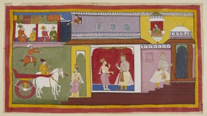 Add 15296 (1) f.18r, Vasistha retourne au palais et dit à Dasaratha que tout est prêt pour la cérémonie. Dasaratha se retire dans une chambre intérieure du palais. Au-dessus, la servante de Kaikeyi, Manthara, regarde par une fenêtre supérieure et observe l - Indian School
