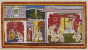 Dans la salle du trône à Ayodhya, le roi Dasaratha est assis avec ses quatre fils, son ministre Sumantra et son prêtre en chef Vasistha. Yudhajit, le frère de la reine Kaikeyi et l
