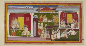 Rama accepte son exil avec une parfaite équanimité, et lui et Laksmana prennent congé de Kaikeyi et Dasaratha, qui, la tête baissée et le regard détourné, ne peut se résoudre à regarder son fils - Indian School