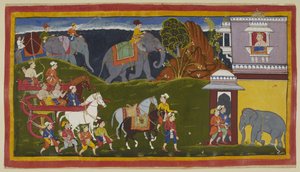 Bharata, Shatrughna et leur oncle, avec des serviteurs et deux chevaux de selle menés, avec des éléphants chargés au-delà de l
