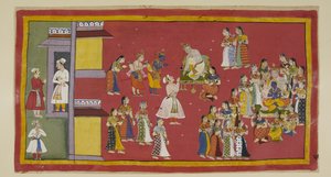 Add 15296 (1) f.50r, Dasaratha avait précédemment ordonné à Sumantra de convoquer ses reines et toutes ses épouses, qui entourent maintenant le roi lorsque Sumantra amène les exilés pour faire leurs adieux. Dasaratha essaie de persuader Rama de ne pas alle - Indian School
