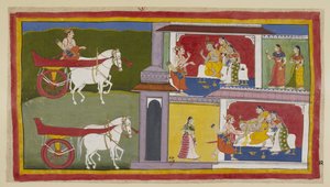 Add 15296 (1) f.72r, À gauche, Sumantra retourne à Ayodhya et entre dans le palais pour donner le dernier message de Rama au roi, qui est assis avec Kausalya et Sumitra à ses côtés. Le roi s