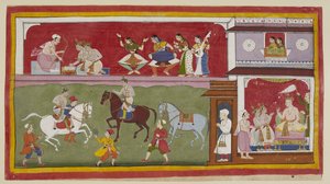 Les princes demandent au roi des enseignants de religion, arts et sciences, tandis que deux dames regardent par une fenêtre jharokha - Indian School