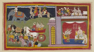 Les messagers disent aux princes de retourner à Ayodhya. Les princes disent au revoir au roi Kaikeyi et à son fils Yudhājit - Indian School