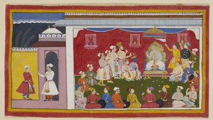 Add 15296 (1) f.8r, Dasaratha est assis sur son trône en plein durbar, avec Rama et Laksmana agenouillés à côté de lui, tandis que le messager envoyé par Bharata de la cour de son grand-père raconte au roi comment ses deux autres fils étudient avec assidui - Indian School