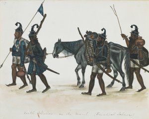 Akali Sikhs en marche, c.1850 (aquarelle opaque sur papier) - Indian School