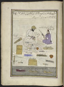 Fabricant de paniers et sa femme, 86 dessins reliés en un volume représentant des métiers et occupations au Cachemire, Les artisans sont montrés au travail avec leurs outils et équipements, Par un artiste du Cachemire, probablement à Srinagar, c.1850-60 - Indian School