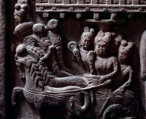 Bouddhisme : « Dernière visite de Prasenjit à Bouddha » détail du stupa de Bharhut. Bas-relief en pierre noire, 2e siècle av. J.-C. - Musée indien, Calcutta - Indian School
