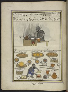 Fabricants de nourriture cuite et de kawab, 86 dessins reliés en un volume représentant des métiers et occupations au Cachemire, des artisans montrés au travail avec leurs outils et équipements, par un artiste du Cachemire, probablement à Srinagar, c.1850- - Indian School
