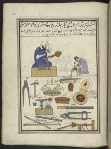 Forgerons de cuivre fabriquant des récipients en cuivre, 86 dessins reliés en un volume représentant des métiers et occupations au Cachemire, Les artisans sont montrés au travail avec leurs outils et équipements, Par un artiste du Cachemire, probablement à - Indian School