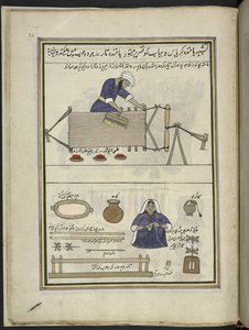 Tisserand de coton peignant une chaîne ; femme enroulant du coton (86 dessins reliés en un volume représentant des métiers et occupations au Cachemire, les artisans sont montrés au travail avec leurs outils et équipements, par un artiste du Cachemire, prob - Indian School