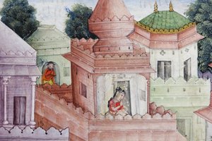 (détail) Krishna fend le démon Narakasura avec son disque, c.1585-90 - Indian School