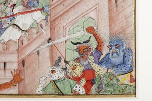 (détail) Krishna fend le démon Narakasura avec son disque