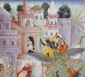 (détail) Krishna fend le démon Narakasura avec son disque