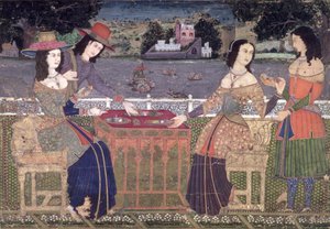Européens se rafraîchissant sur un balcon, Moghol, peut-être Deccan (gouache opaque sur papier) - Indian School