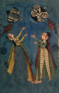 Filles faisant voler des cerfs-volants, peinture populaire de Kulu, Himachal Pradesh - Indian School