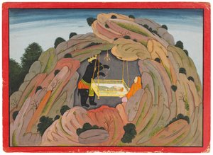 Illustration du Bhagavata Purana : Jambavan donne le bijou Symantaka à sa fille pour jouer, c.1760-65 - Indian School