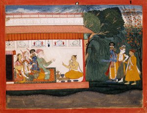 Illustration du Bhagvata Purana représentant Balarama prenant Akrura par la main avec son jeune frère Krishna, vers 1700 - Indian School