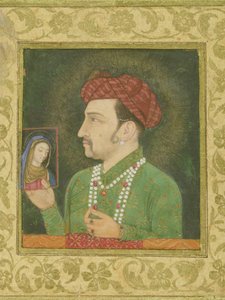 Jahangir tenant une image de la Madone, avec une inscription en persan : Janhangir Shah, Mughal - Indian School