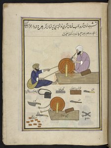 Aiguiseurs de couteaux, 86 dessins reliés en un volume représentant des métiers et occupations au Cachemire, les artisans sont montrés au travail avec leurs outils et équipements, par un artiste du Cachemire, probablement à Srinagar, vers 1850-60 - Indian School