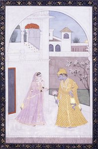 Krishna tenant une fleur de lotus, son amante en sari rose, vers 1800 - Indian School