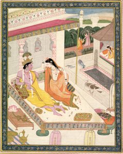 Krishna et Radha sur un lit dans un palais moghol, Pendjab, vers 1860