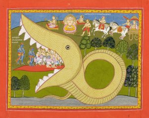 Krishna et les vachers entrent dans la bouche d