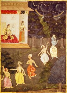 Krishna jouant de la flûte suivi de quatre danseurs, Rajasthan - Indian School