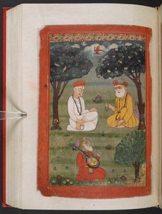 MS Panj B 40, f.131v, Bhagat Kabir ji et Guru Nanak Dev ji se rencontrant, illustration de la 