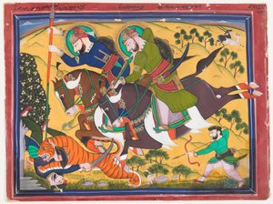 Maharaja Ram Singh chassant un tigre, deuxième quart du XIXe siècle - Indian School