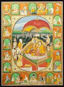 Rama et Sita sur le trône, vénérés par Shiva, Hanuman et d