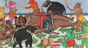 Scène du Ramayana : un groupe de démons réveillant leur prince en hibernation - Indian School