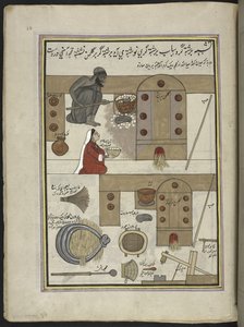 Rôtisseur de riz et sa femme, 86 dessins reliés en un volume représentant des métiers et occupations au Cachemire, Les artisans sont montrés au travail avec leurs outils et équipements, Par un artiste du Cachemire, probablement à Srinagar, c.1850-60 - Indian School