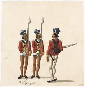 Cipayes et un officier indien, armée du Bengale, vers 1815