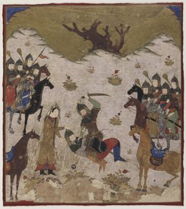 Shahru identifie Burzu comme le petit-fils de Rustam lors du combat final entre Rustam et Burzu, c.1425-50 - Indian School