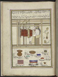 Tisserands de châles tissant des châles sur un métier, 86 dessins reliés en un volume représentant des métiers et occupations au Cachemire, des artisans montrés au travail avec leurs outils et équipements, par un artiste du Cachemire, probablement à Srinag - Indian School